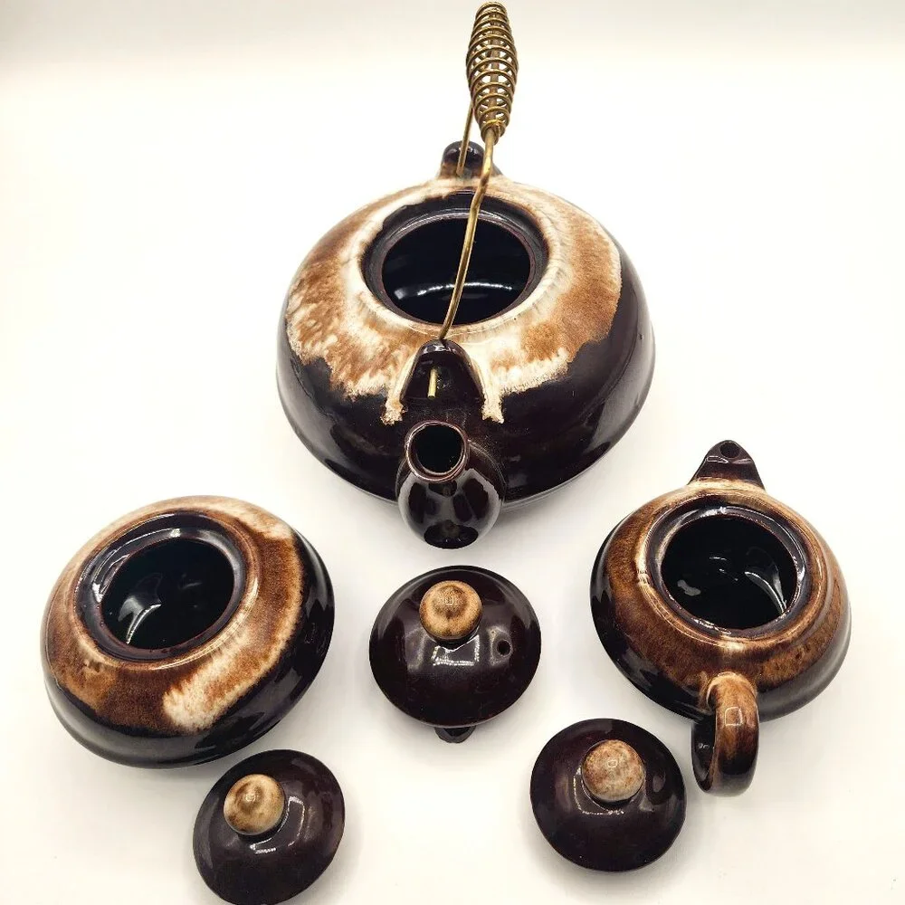 Vintage Redware Drip Glaze Teapot Creamer Sugar Set Wire Handle Ceramic Japan